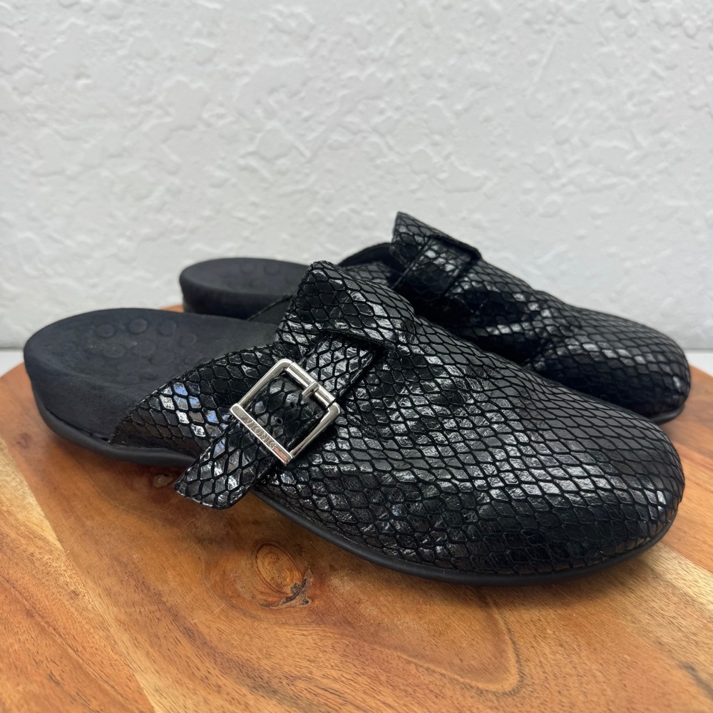 Vionic Black Snake Embossed Clog Mules Orthotic Comfort Slip On‎